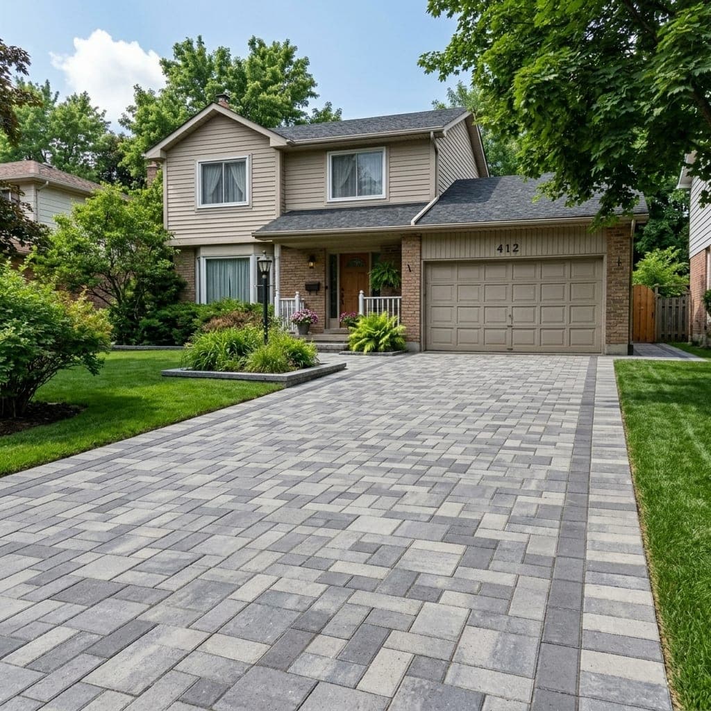 Newly installed interlock paver driveway