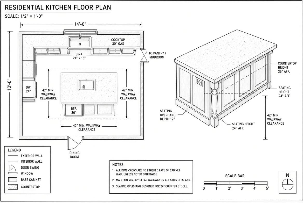 Modeled open-concept kitchen island layout